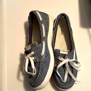 LL Bean canvas boat shoes denim blue with ties